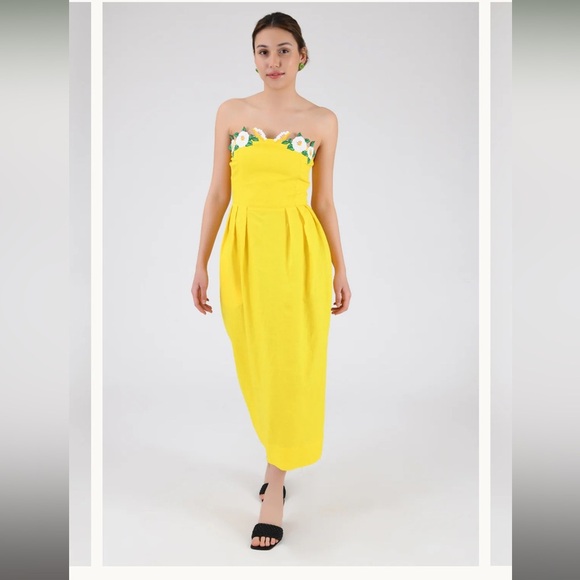Fanm Mon Full Bloom Rose Embroidered Linen Midi Dress Citron Yellow - Picture 1 of 6